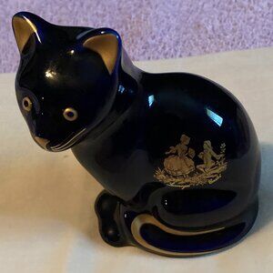 VTG Limoges Castel France Cobalt Blue Porcelain Cat/Kitten Figurine 22K Gold-NOS